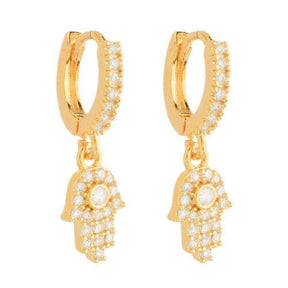 Brinco Dourado Argolinha Mãos de Fátima Cravejado Zircônia