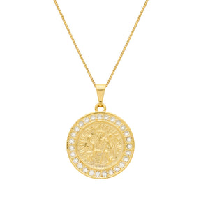 Colar Dourado Medalha São Miguel Arcanjo Cravejado de Zircônia